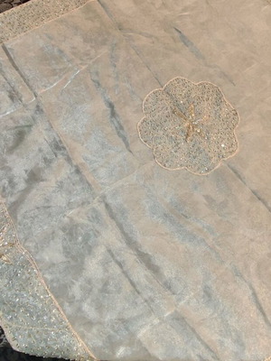 Tablecloth used, gold organza silk from India hand embroidered