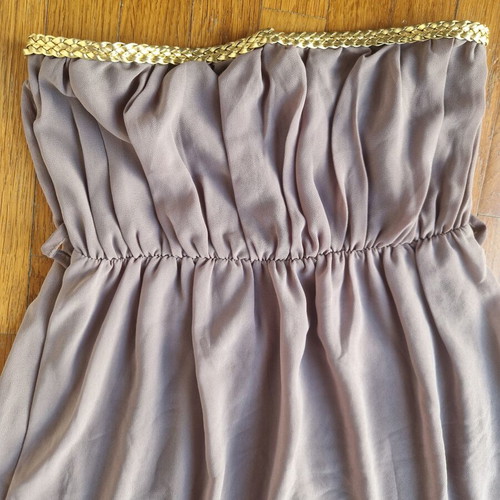 Khaki strapless dress Small with gold trim, ancient Greek style