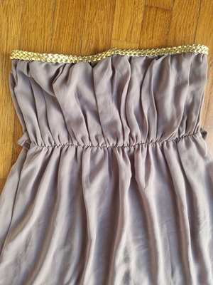 Khaki strapless dress Small with gold trim, ancient Greek style