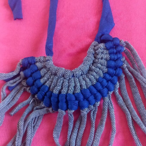 Macrame fabric necklace like new, blue and denim with fringes
