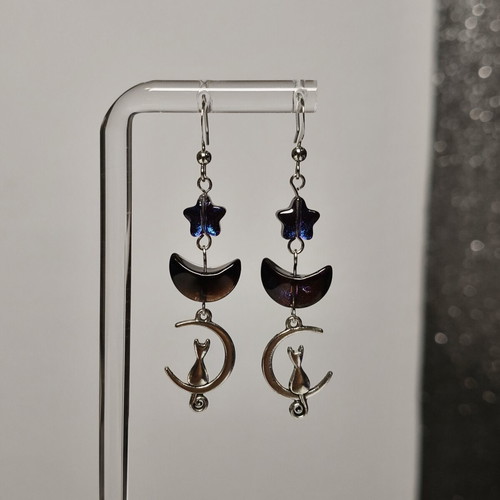 Handmade cat and moon earrings with crystals, stainless steel