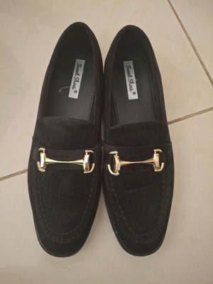Loafers women's black shoes with gold buckle suede texture size 39 like new