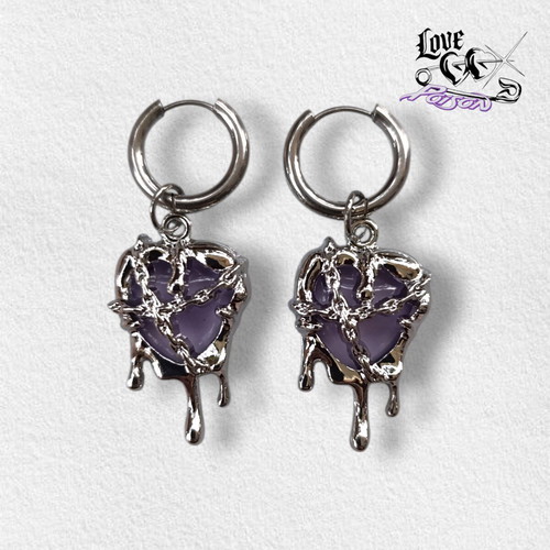 Stainless Steel Silver Hoop Earrings handmade with Purple Melted Ornate Heart