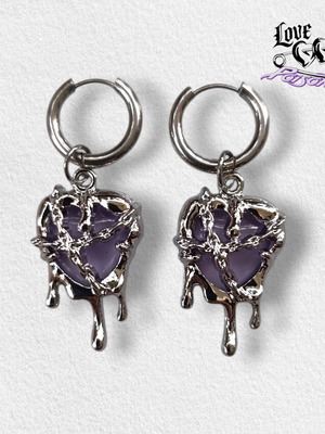 Stainless Steel Silver Hoop Earrings handmade with Purple Melted Ornate Heart