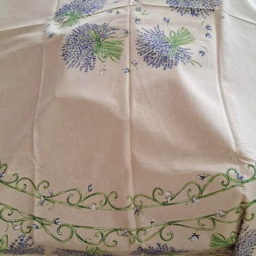Cotton tablecloth ecru with lavender design and round hem 1.70x1.75