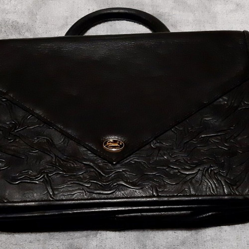 Italian black genuine leather handbag, large, with long strap