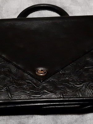 Italian black genuine leather handbag, large, with long strap