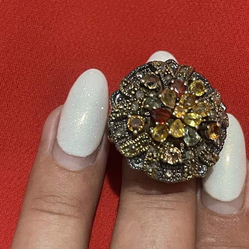 925 silver and 9K gold ring with diamonds and semi-precious stones, size 57