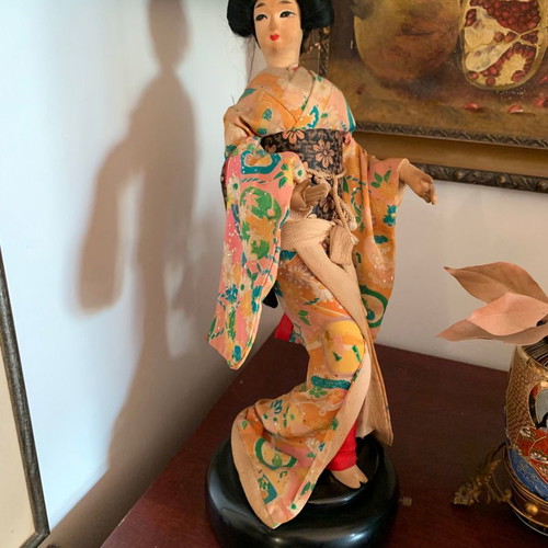 Japanese Geisha Doll used, 1960s with handmade clothes on wooden base