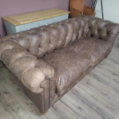 Antique Brown Leather Chesterfield Sofa Set Three- and Two-Seater New