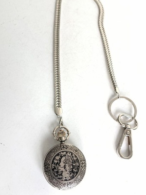Pocket watch with silver case and hunting scene cover