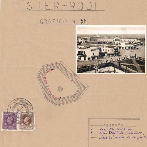 Document and graphic sketch used (1939) of Rhodes city market with 2 C.I.E.R stamps
