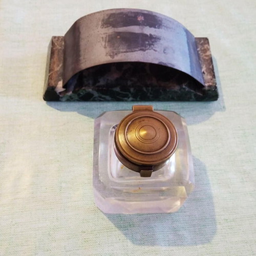 Art Deco σετ γραφείου μεταχειρισμένο με γυάλινο μελανοδοχείο και μαρμάρινο στυπόχαρτο