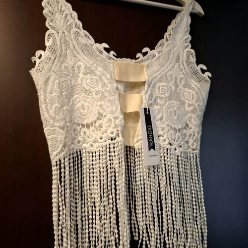 Benissimo crop top with lace and fringes, new, white, one size