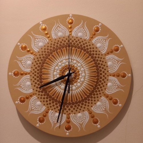 Wall clock white-gold handmade with dotting technique