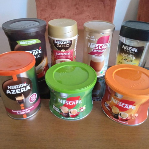 Nescafe boxes like new, pack of 7, glass, plastic, paper, metal