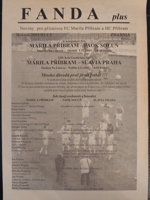 Marila Pribram - ΠΑΟΚ πρόγραμμα αγώνα 1/11/2001 UEFA Cup