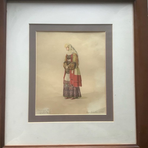 Chromolithograph of traditional Athens costume used, framed 45x50cm