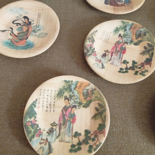 Vintage bamboo decorative plates set of 6, 11cm, like new