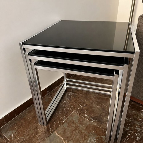 Cross set of 3 nesting side tables by ENTOS, black glass and chrome