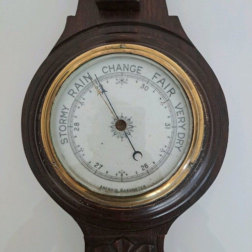Vintage aneroid barometer with thermometer used, hand-carved wood case