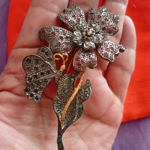 Antique camellia brooch with butterfly, 9k gold and 925 silver