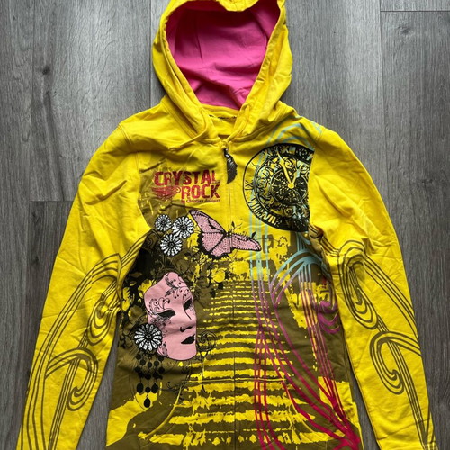 Christian Audigier Crystal Rock women's sweatshirt new, yellow with crystals and art print