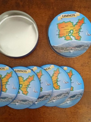 Coaster set with Limnos map and landscape in metal box, like new