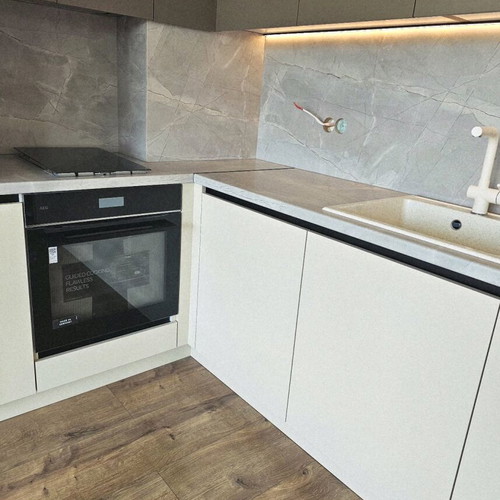 L-shaped kitchen new MDF and chipboard cabinets with Latte color