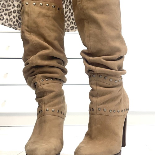 Leather knee-high boots with studs, beige, size 39