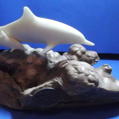 Vintage John Perry sculpture with 2 white dolphins, like new, wood