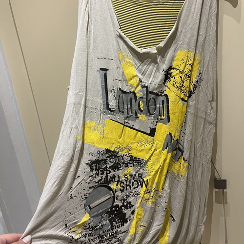 Vivian dress size 12 used, cotton, gray and yellow with prints