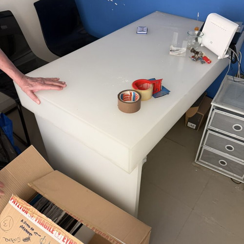 Plexiglass desk with 2 chairs used, white translucent acrylic