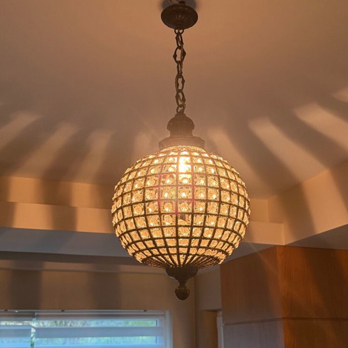 Vintage ceiling lights used, handmade bronze with crystals, set of 2
