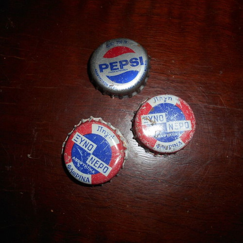 Sour Water and Pepsi bottle caps used, 1970s, set of 3