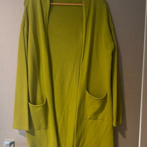 Knitted cardigan long with hood like new, green