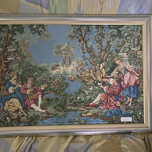 Gobelin tapestry painting 90x65cm, handmade, romantic French countryside scene