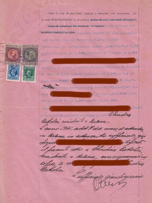 Judicial decision document Rhodes Dodecanese 1941 used with 6 Italian stamps