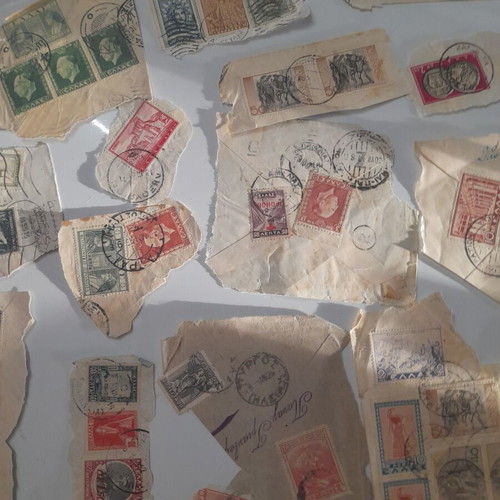 Old Greek stamps on envelope cutouts used, 1930s-1950s
