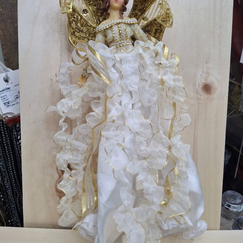 White hanging angel with gold wings, porcelain body