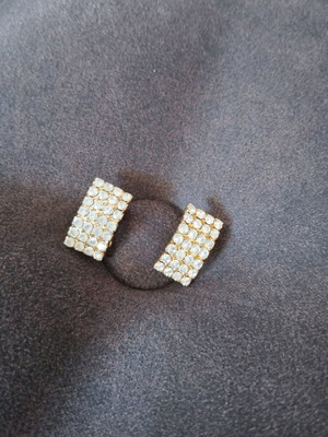 Rectangular clip earrings new with white crystal stones gold color