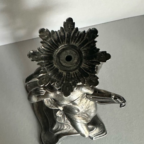 Antique Art Nouveau Metal Candlestick with Female Muse and Lyre used