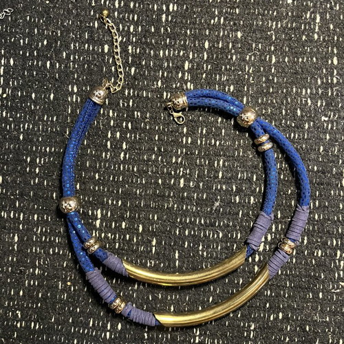 Boho Statement Double Necklace blue cord with gold bars and details like new