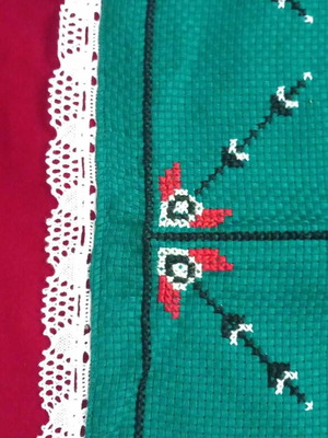 Embroidered counted square handmade like new with lace