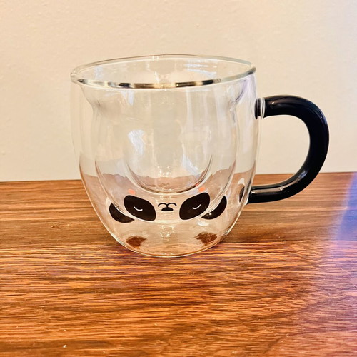 Double-Walled Glass Mugs Panda & Cat Set of 2, like new, aesthetic
