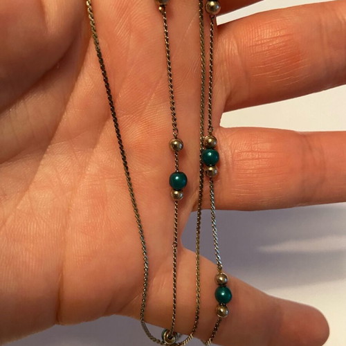 Double silver women's necklace with green beads refurbished