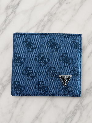 Guess wallet used, gray with all-over pattern and metal logo