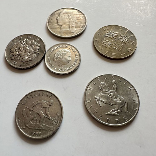 Set of 6 used coins from Japan, Netherlands, Belgium, Austria, Luxembourg