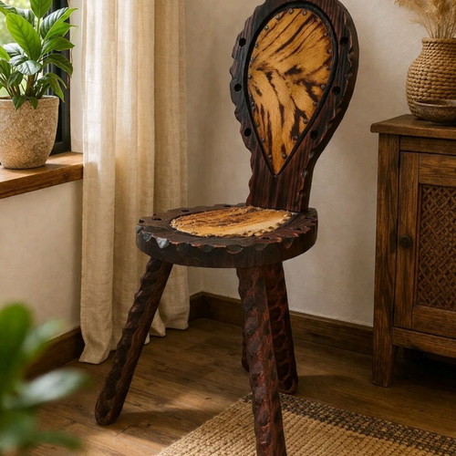 Spanish rustic chair used with three legs and animal leather