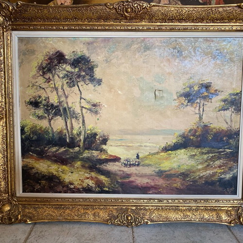 Bucolic oil painting used in frame, T.Linos